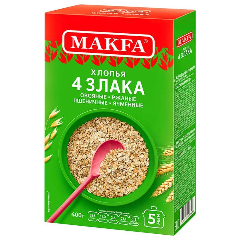 Хлопья 4 злака 400г Макфа