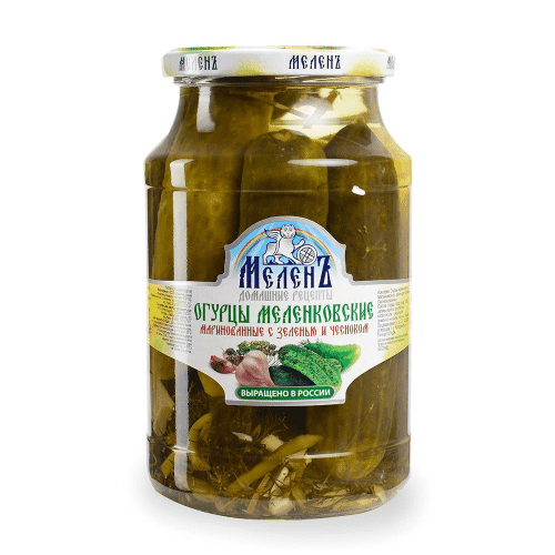 Огурцы маринованные с зеленью и чесноком 900г Меленъ