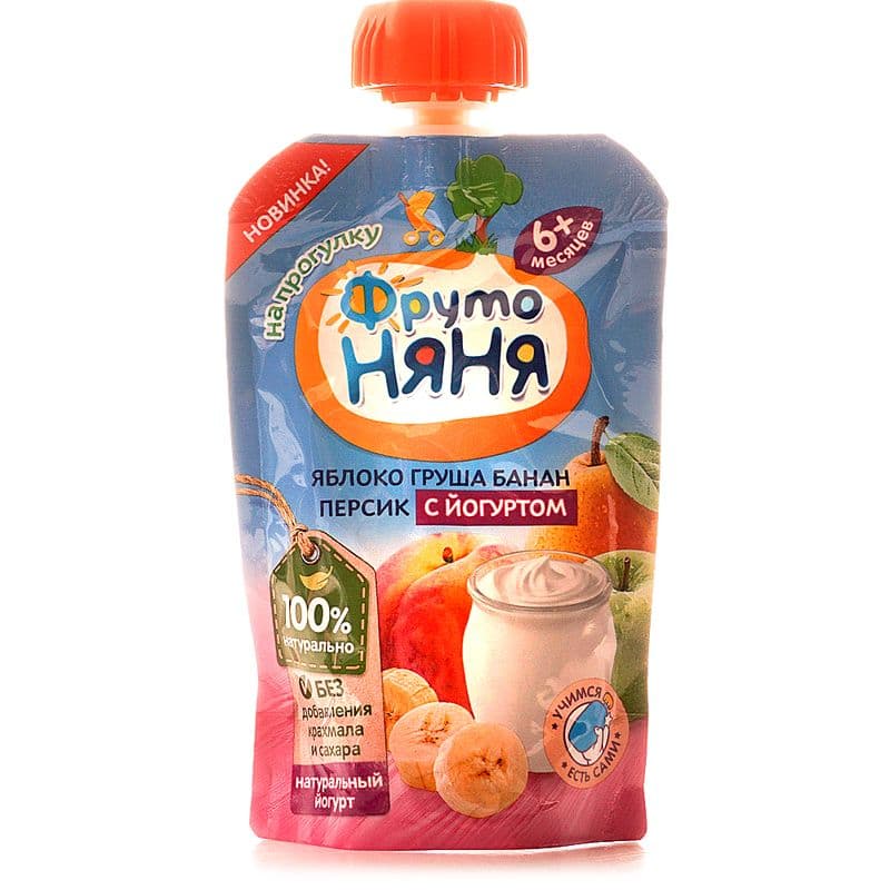 Пюре ФрутоНяня яблоко груша банан персик с йогуртом 90г