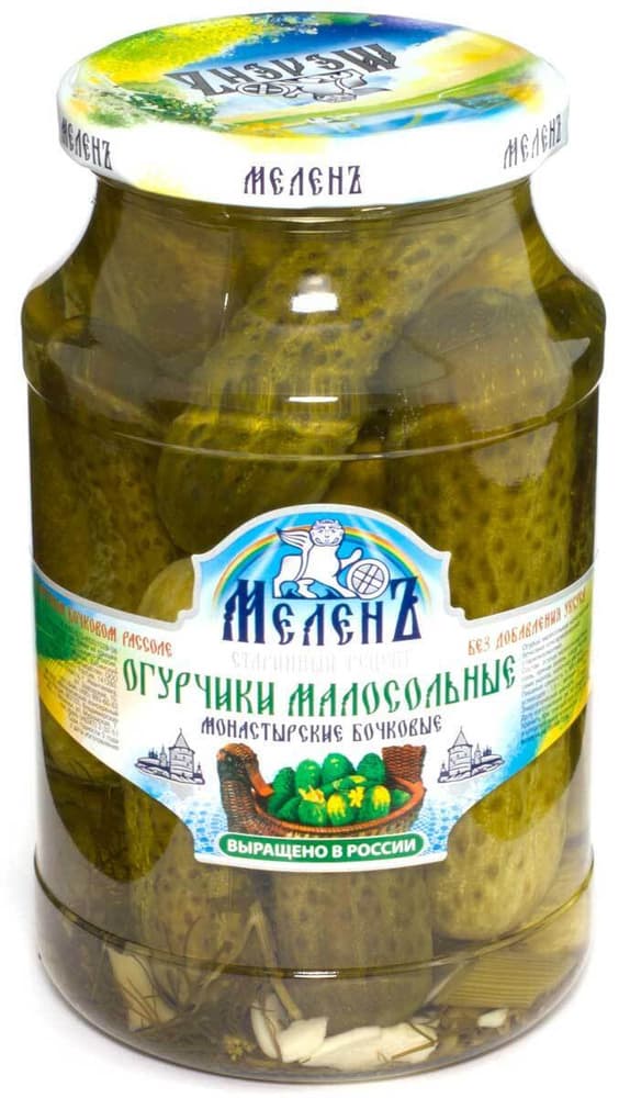 Огурчики малосольные Монастырские бочковые 900г Меленъ
